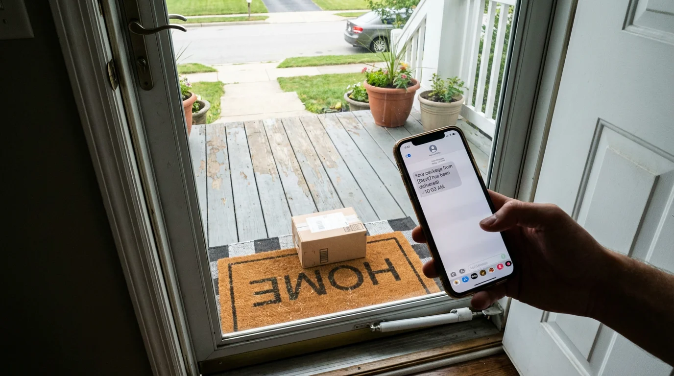 A smartphone held in front of a delivery box sitting on a residential porch.