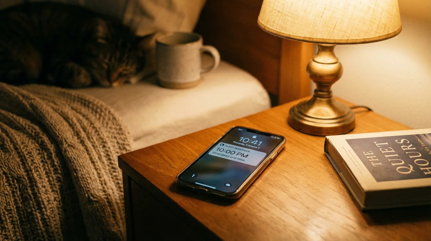 A smartphone lighting up with a notification on a bedside table next to a lamp.