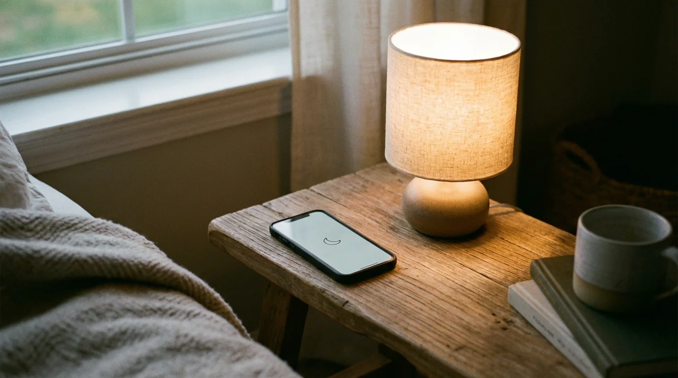 A smartphone on a table showing the Do Not Disturb moon icon on the screen.