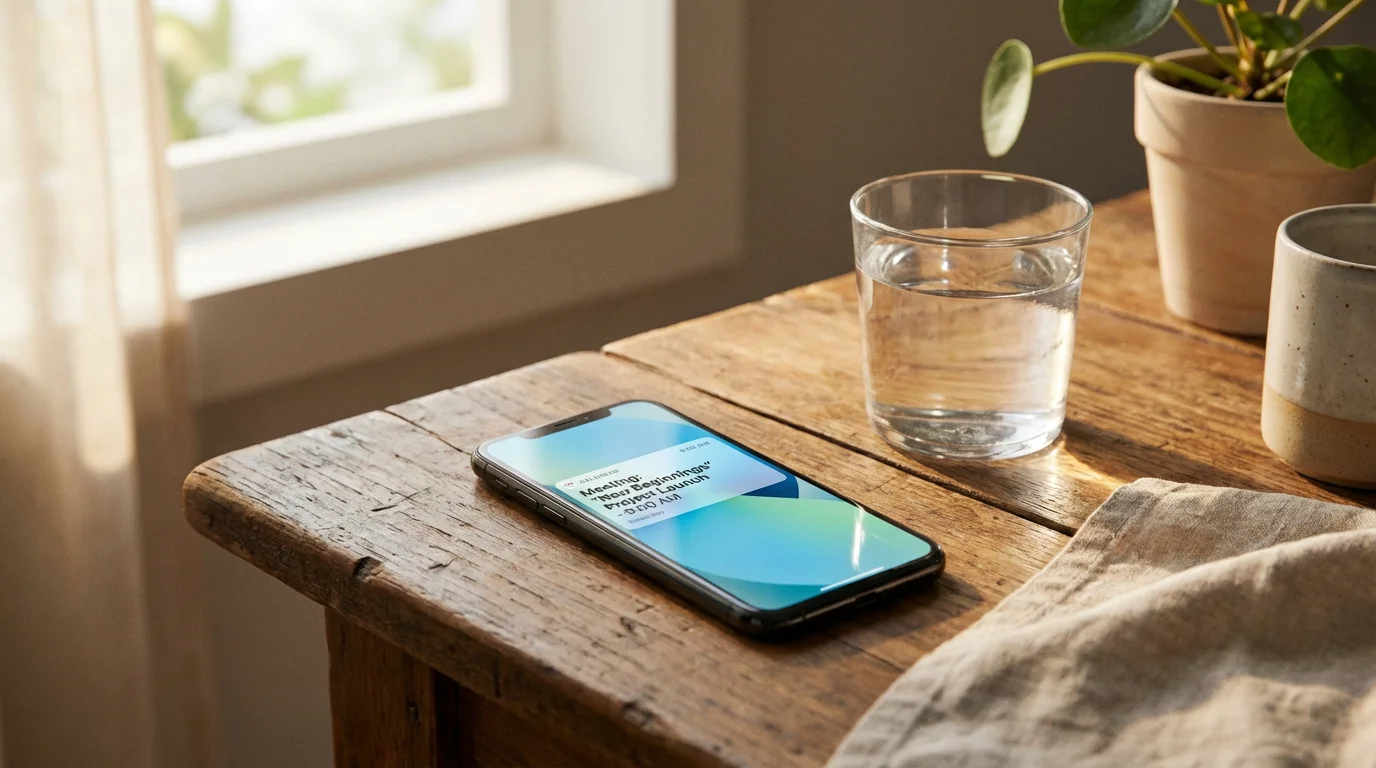 A smartphone on a wooden table displaying a clear calendar notification next to a glass of water.