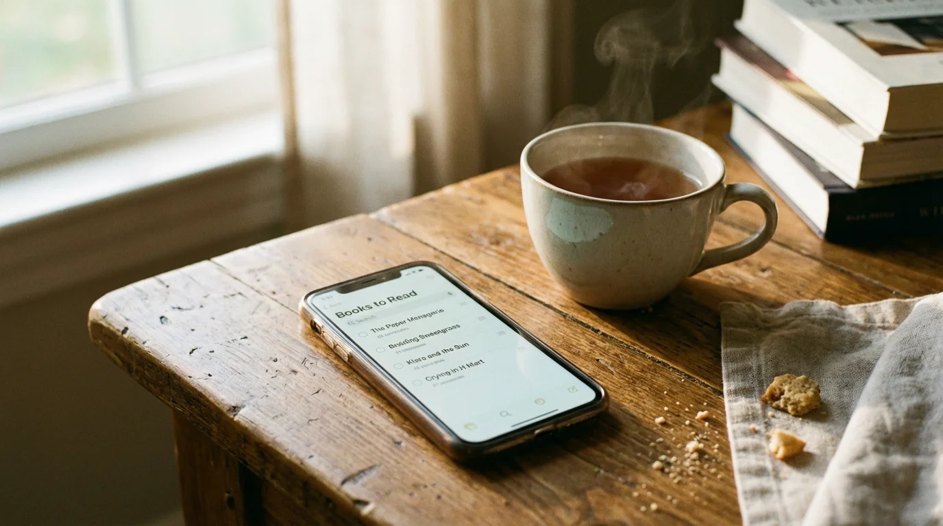 A smartphone on a wooden table showing a list of books in the Notes app.