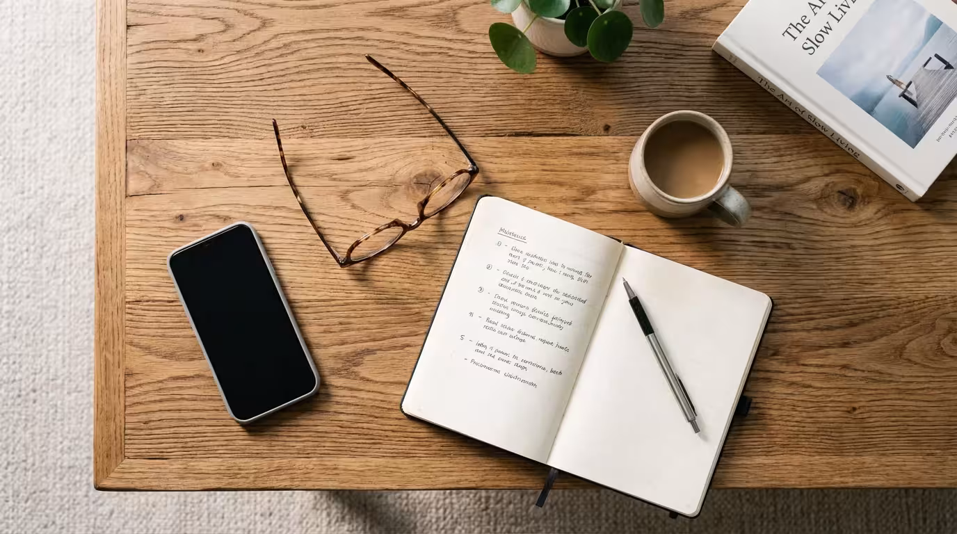 A smartphone, reading glasses, and a notebook neatly arranged on a wooden table.