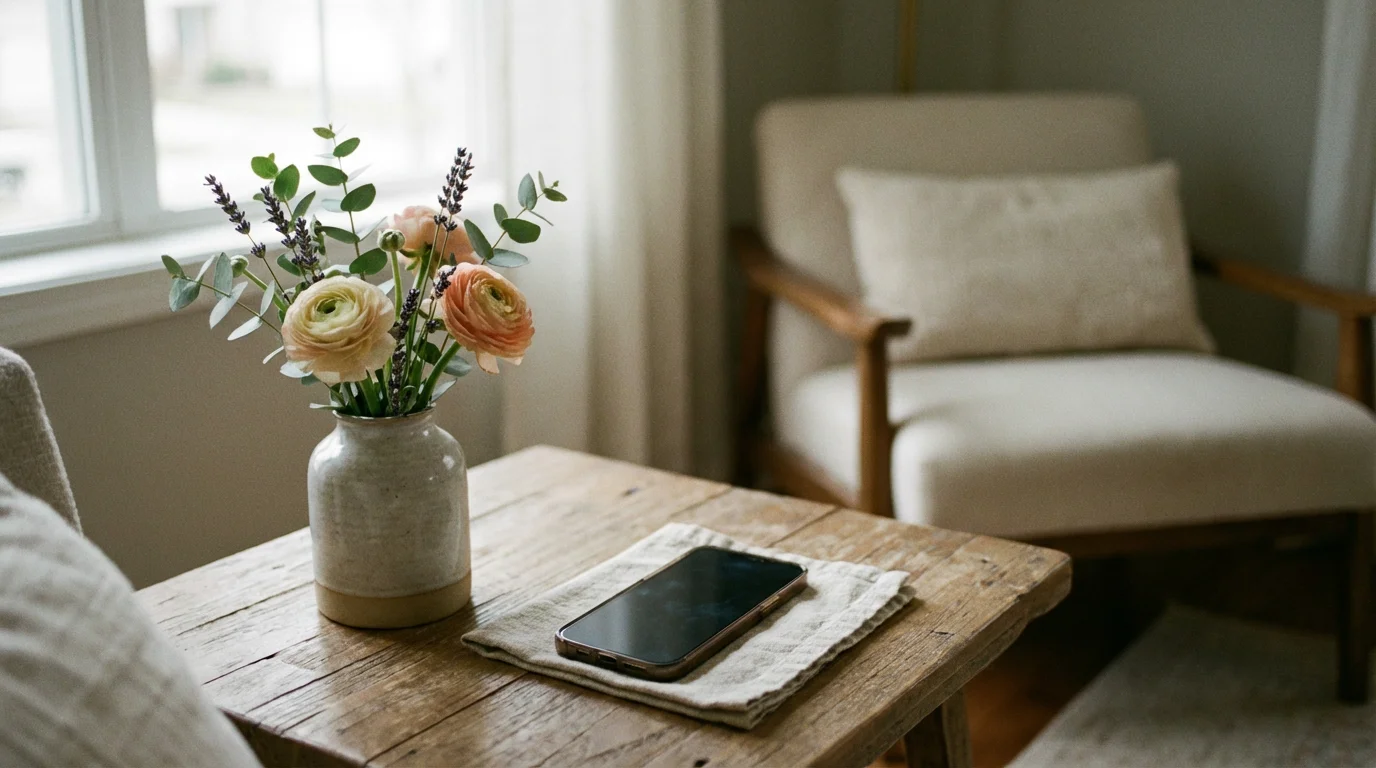 A smartphone resting quietly on a side table next to flowers.