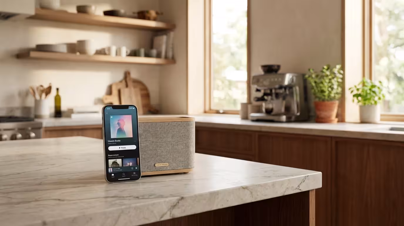 A smartphone sitting next to a wireless Bluetooth speaker on a bright kitchen counter.