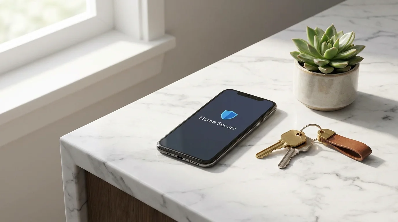 A smartphone sitting next to house keys on a bright, clean counter.