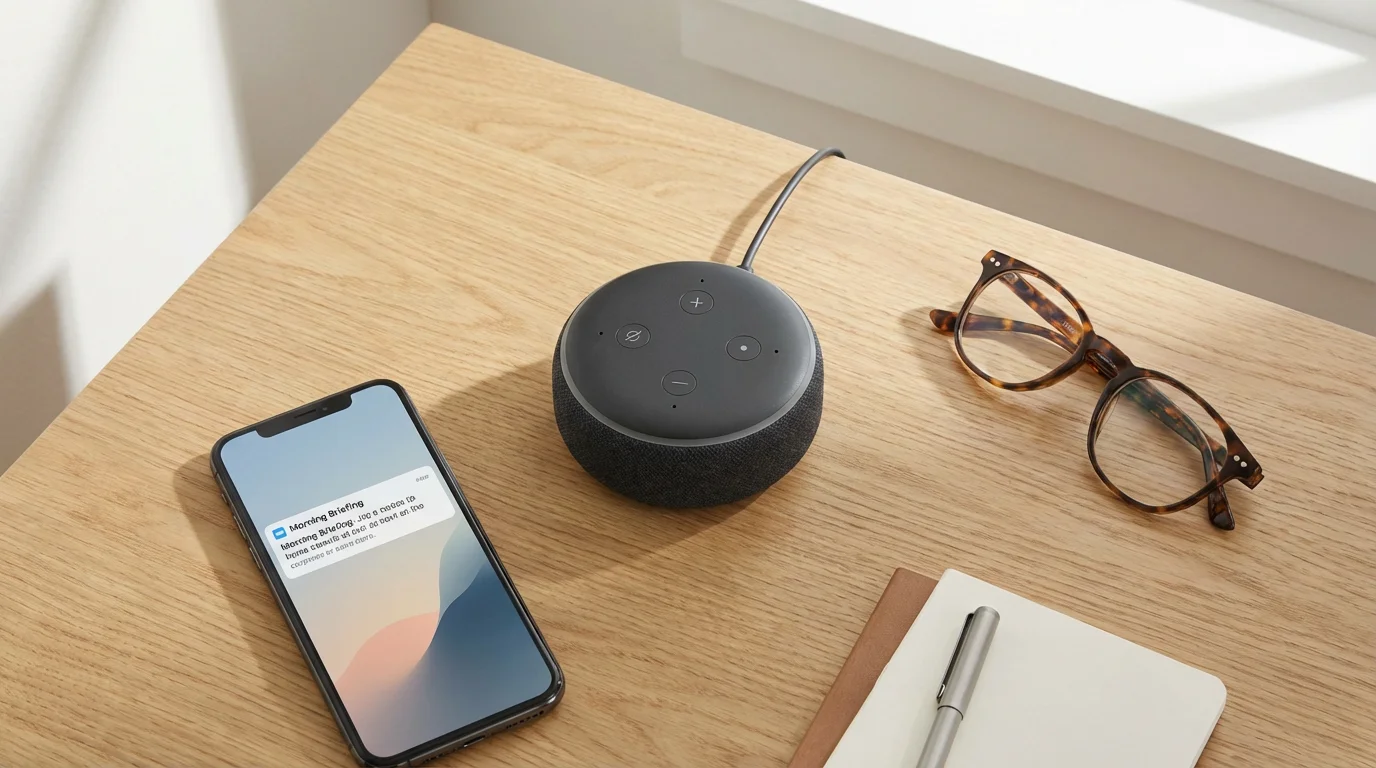 A smartphone, smart speaker, and glasses neatly arranged on a wooden desk.