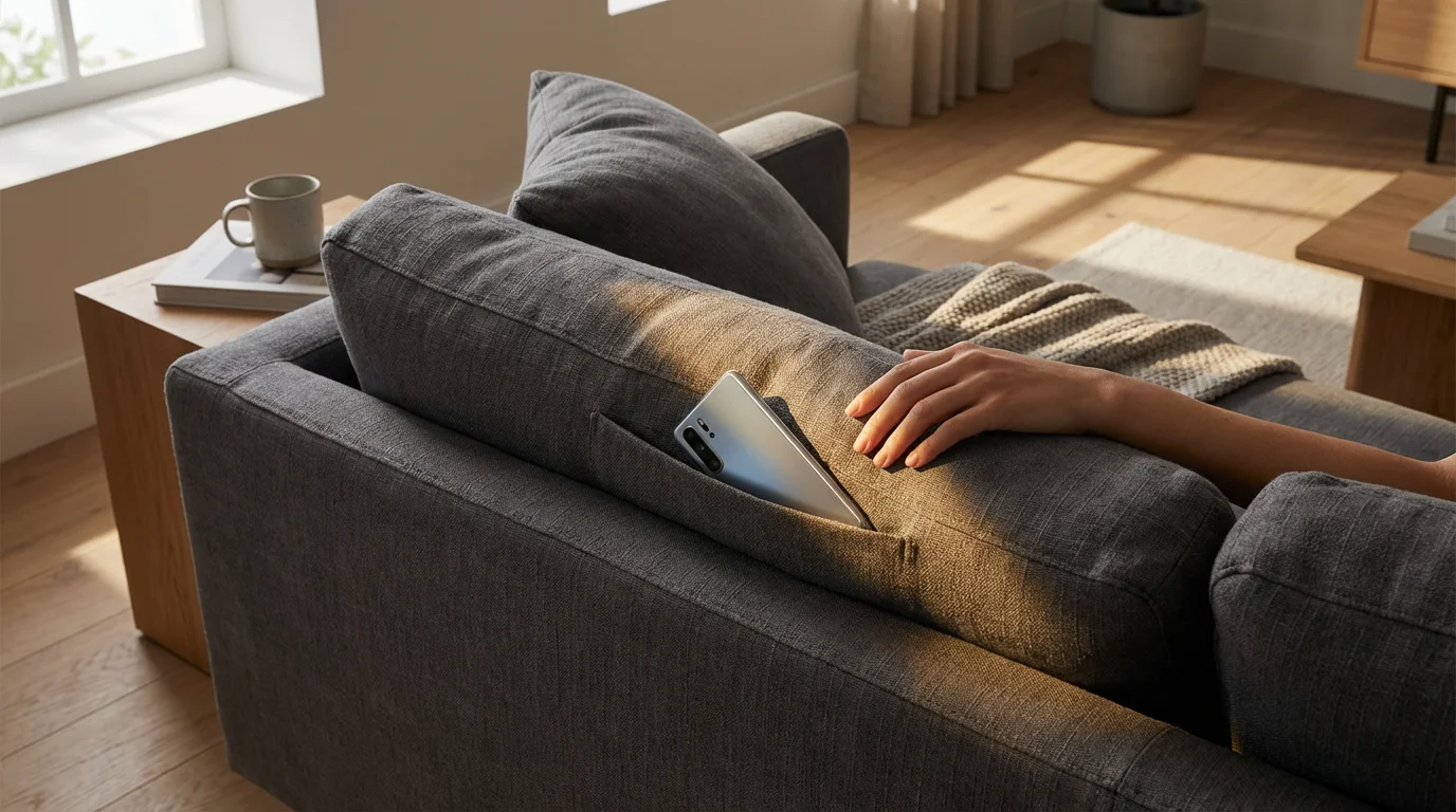 A smartphone tucked between the cushions of a comfortable grey sofa.