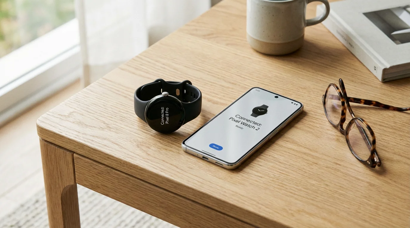 A smartwatch and smartphone sitting side-by-side on a wooden table.