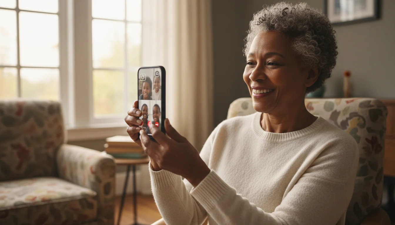 A smiling African American senior woman in her 60s holds a smartphone, its screen showing indistinct happy faces, bathed in soft morning light.