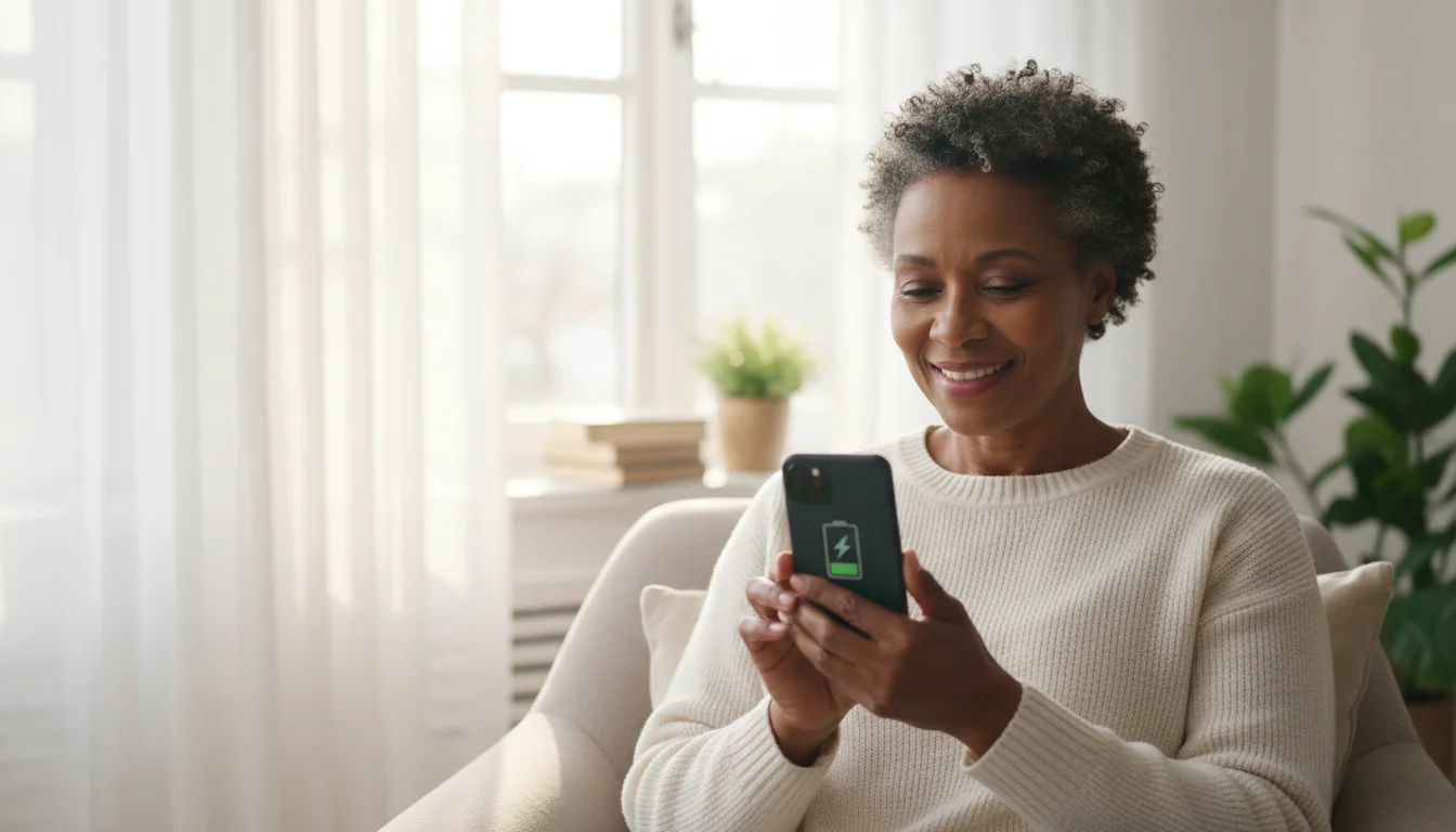 A smiling African American woman in her 60s looking at her smartphone's battery level, showing 70% charge, in natural window light.