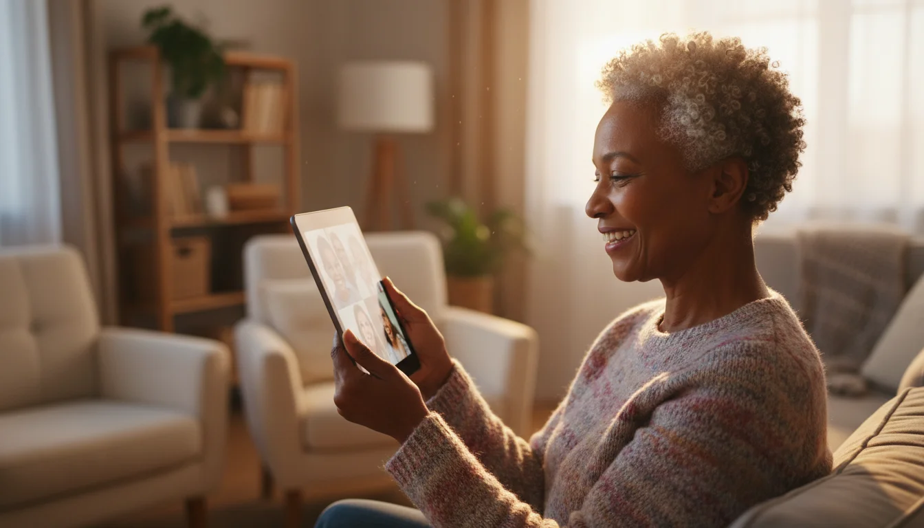 A smiling senior African American woman makes a video call on a tablet, her face lit by warm golden hour light as she connects with family.