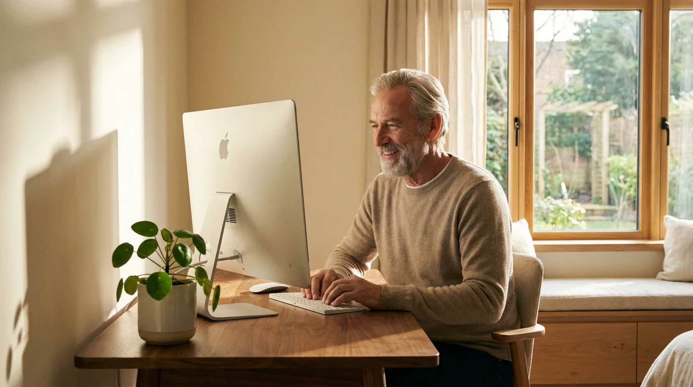 A smiling senior man at a clean, organized computer desk in a bright room.