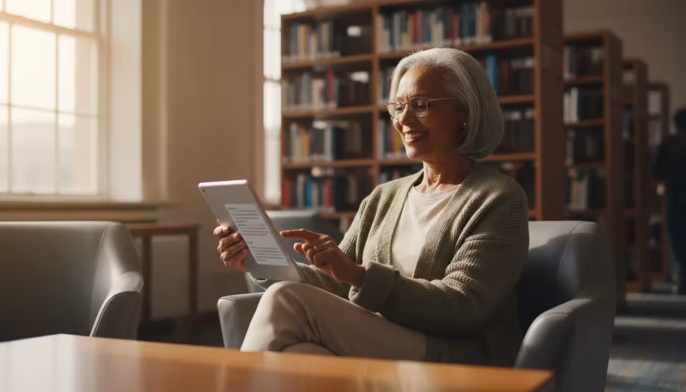 A smiling senior woman in a library confidently uses a tablet to read or browse, with blurred screen content, under warm natural light.