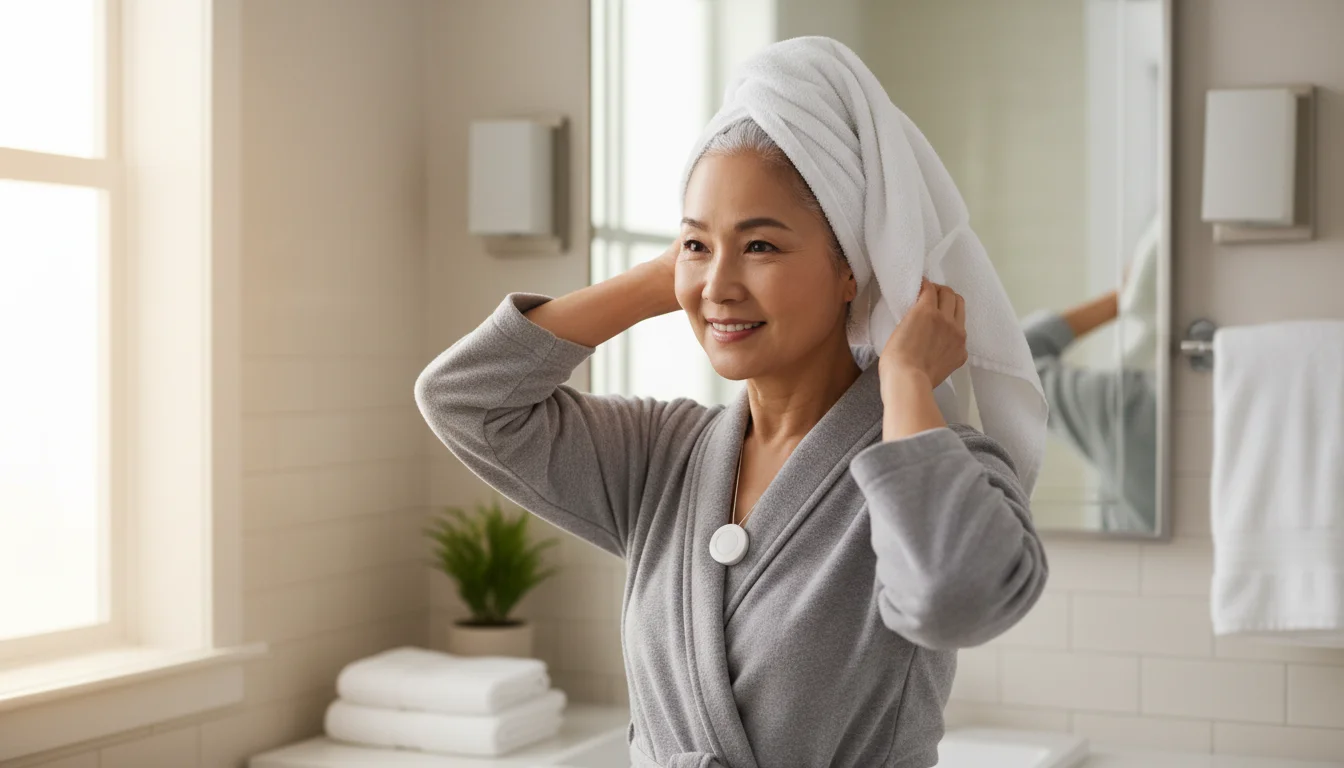 A smiling senior woman with an emergency response pendant around her neck, drying her hair in a bathroom with soft morning light.