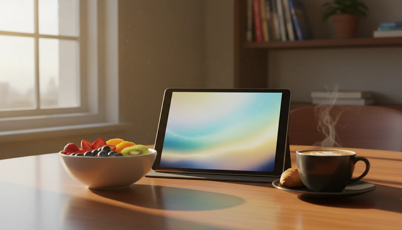 A tablet on a breakfast table with coffee and fruit in morning light.