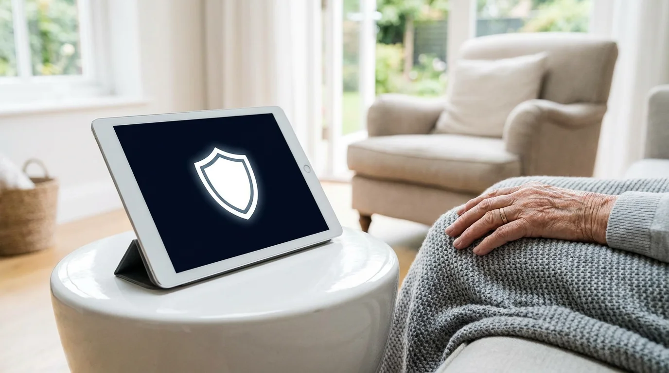A tablet on a table showing a shield icon, symbolizing digital security and control.