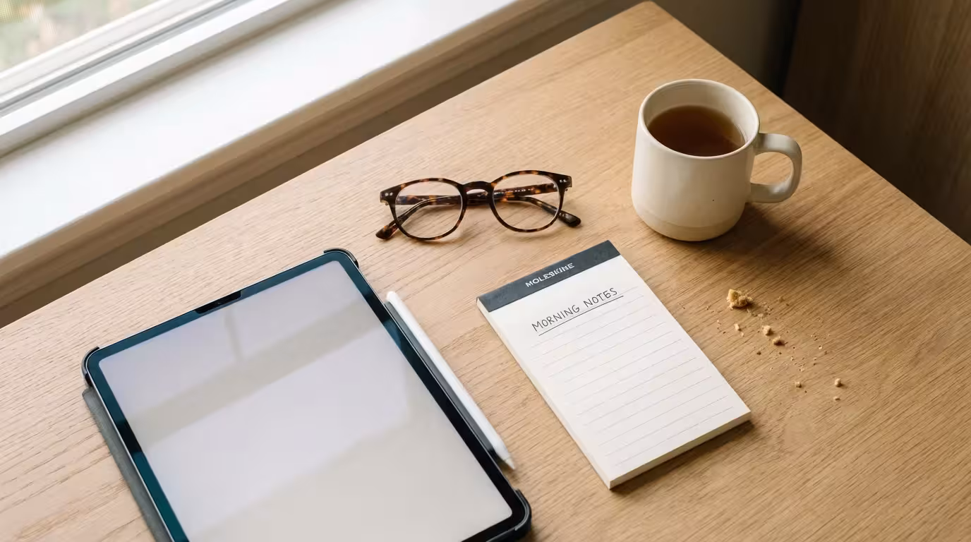 A tablet, reading glasses, and a cup of tea arranged neatly on a wooden table.