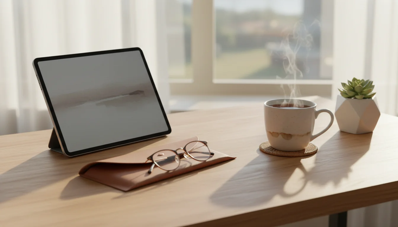 A tablet, reading glasses, and a cup of tea on a wooden table.