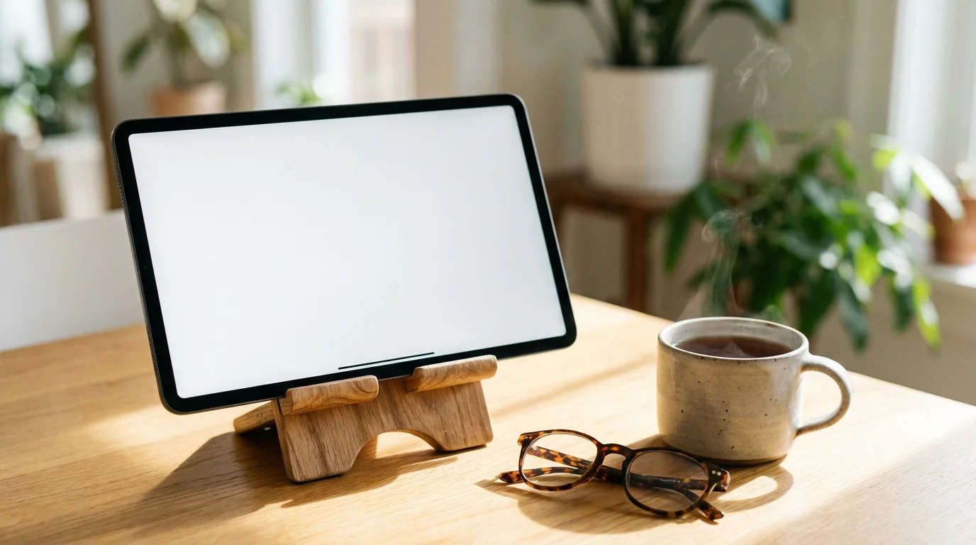 A tablet, reading glasses, and tea on a table, ready for a video call.