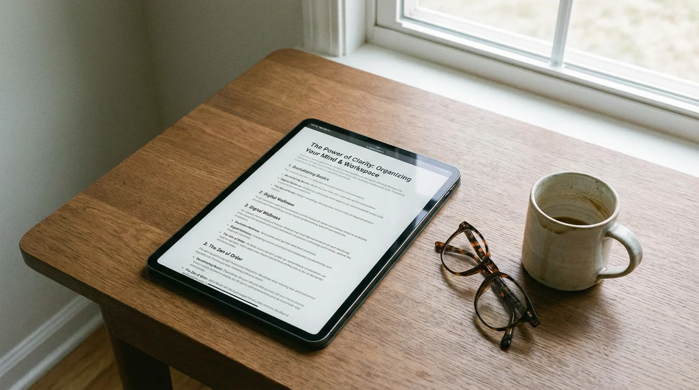 A tablet showing a structured article next to reading glasses and a coffee mug.