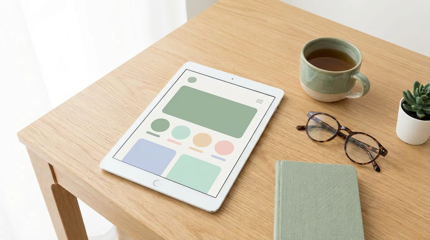 A tablet, tea cup, and glasses on a wooden desk, symbolizing a focused study session.