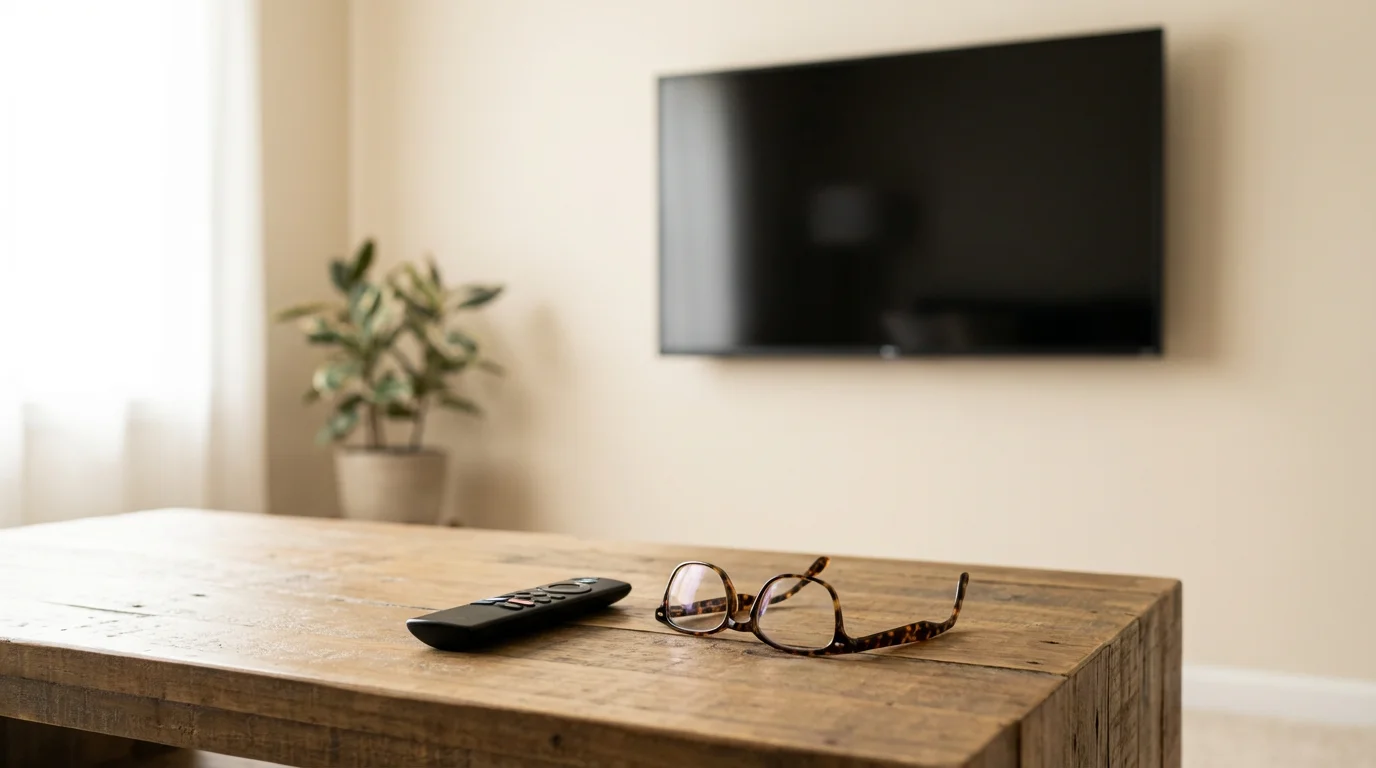 A TV remote and reading glasses on a coffee table, representing the simple tools needed to start.