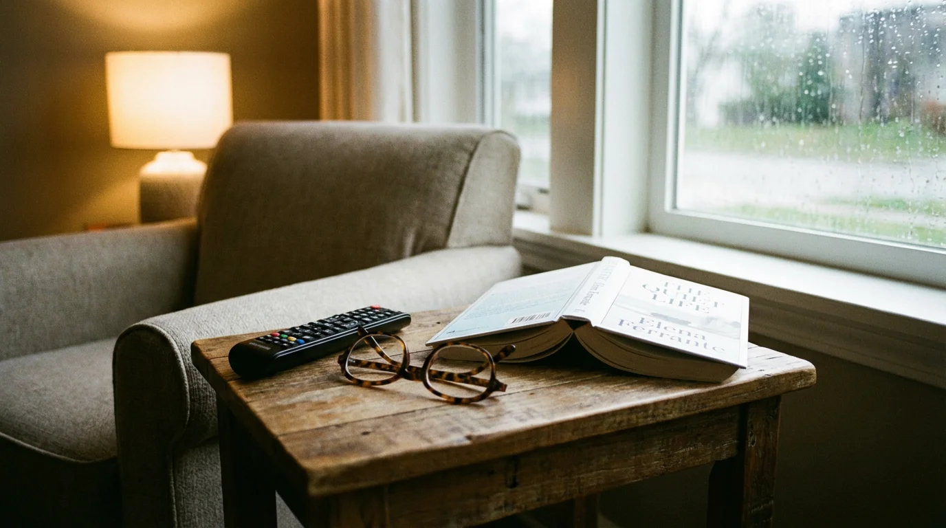 A TV remote sitting on a side table in a quiet, peaceful room.