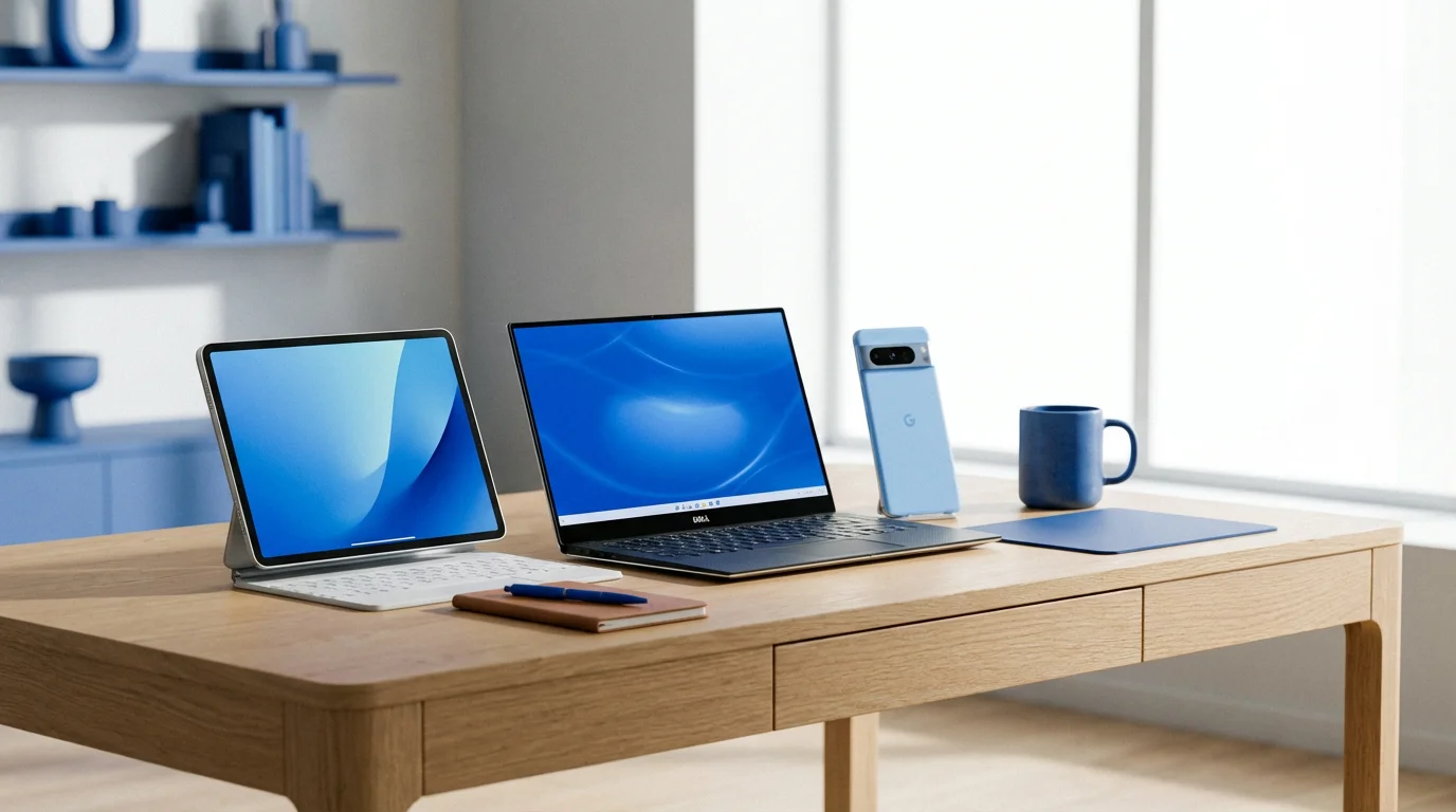 A variety of devices including a tablet, laptop, and phone arranged neatly on a desk.