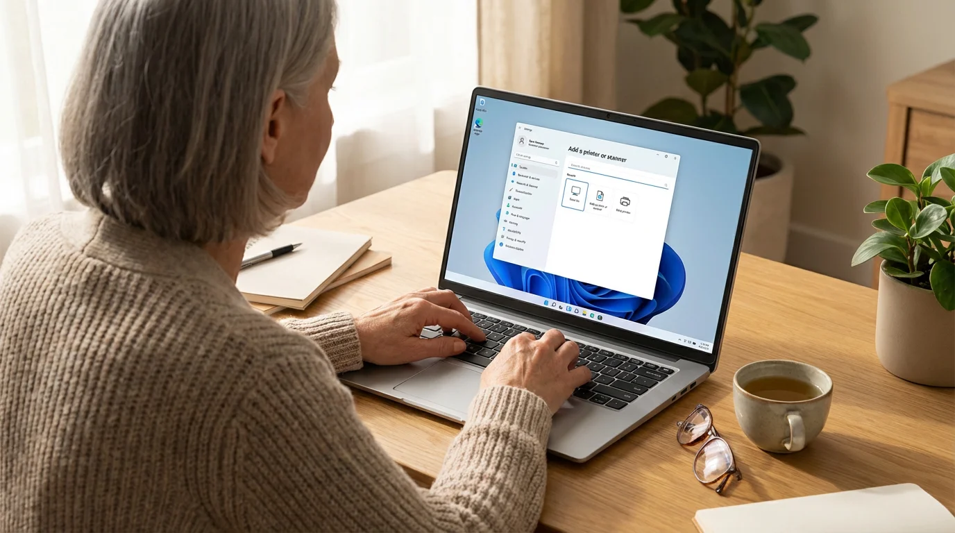 A view over a person's shoulder showing the 'Add a printer' settings on a Windows laptop.
