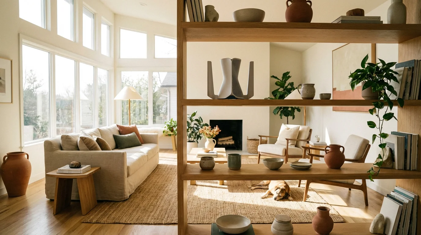 A wide view of a living room showing a Wi-Fi router placed in a high, central location for better signal.