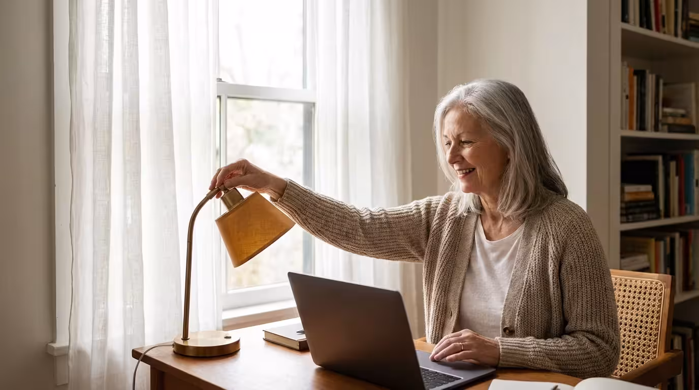 A woman adjusting a lamp next to her computer to improve her lighting for a call.