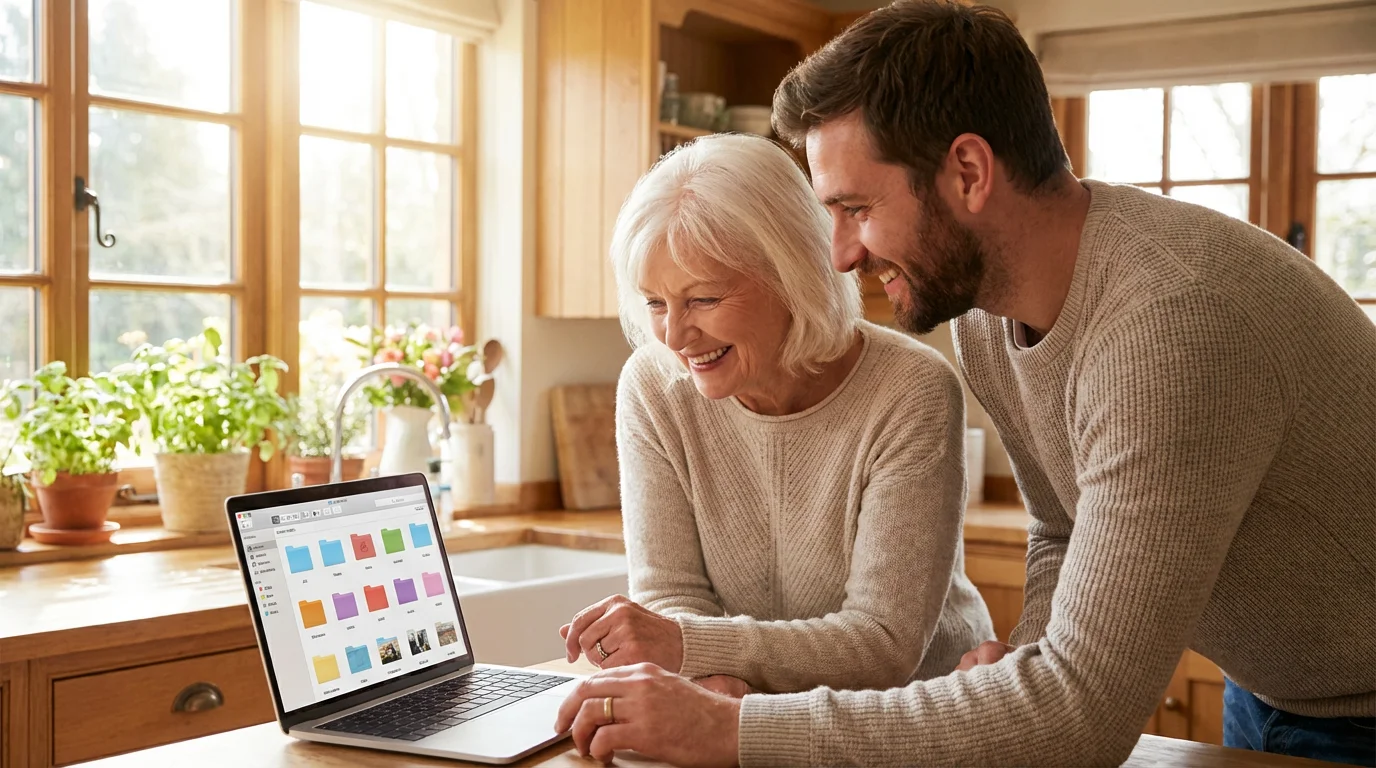 A woman and a younger man looking at a laptop screen together in a kitchen.