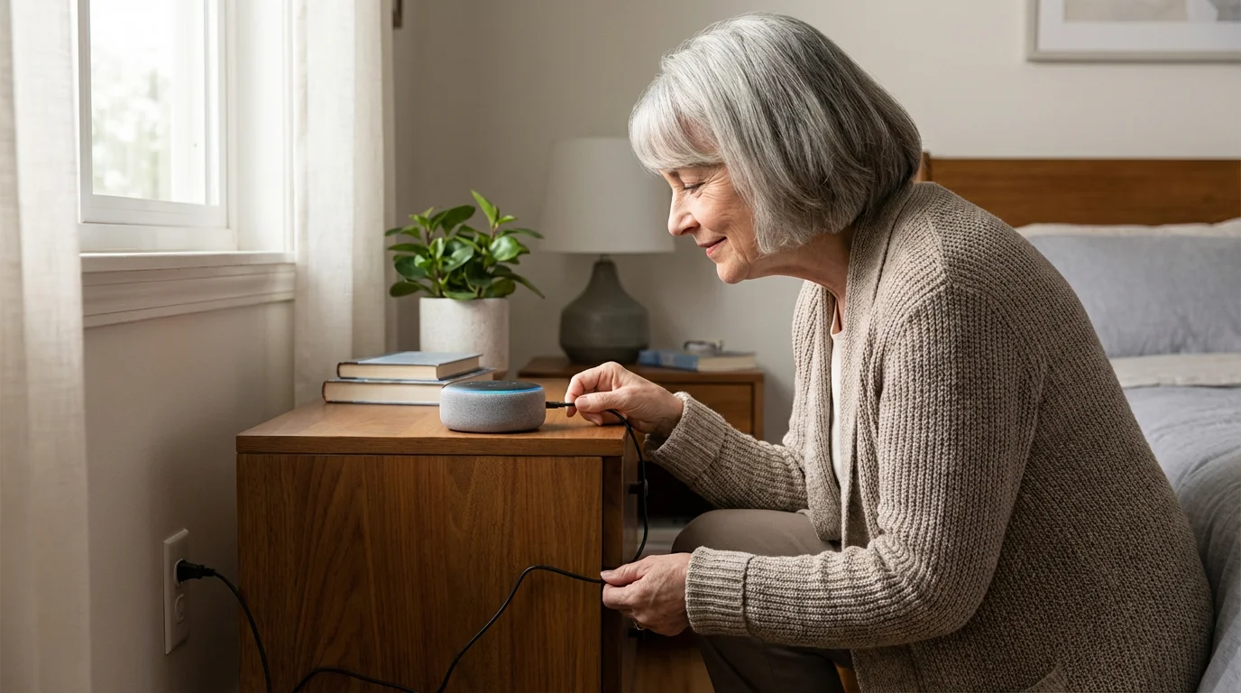 A woman calmly checking the cable on her smart speaker.