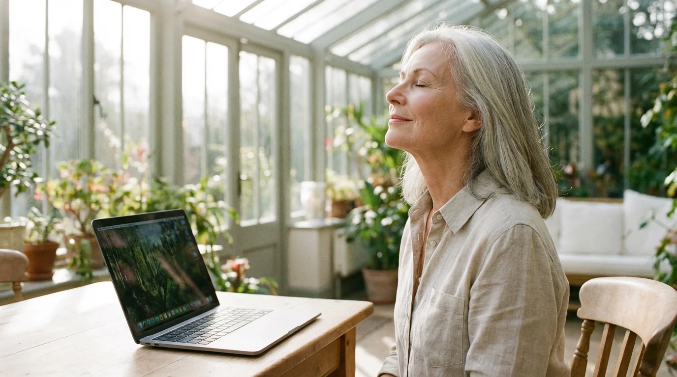 A woman calmly sitting in front of a laptop in a bright room.