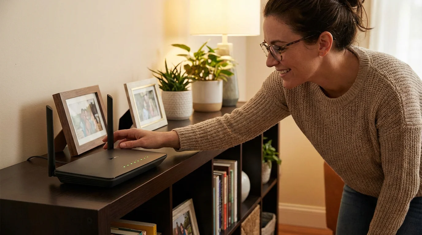 A woman checking the lights on a Wi-Fi router at home.