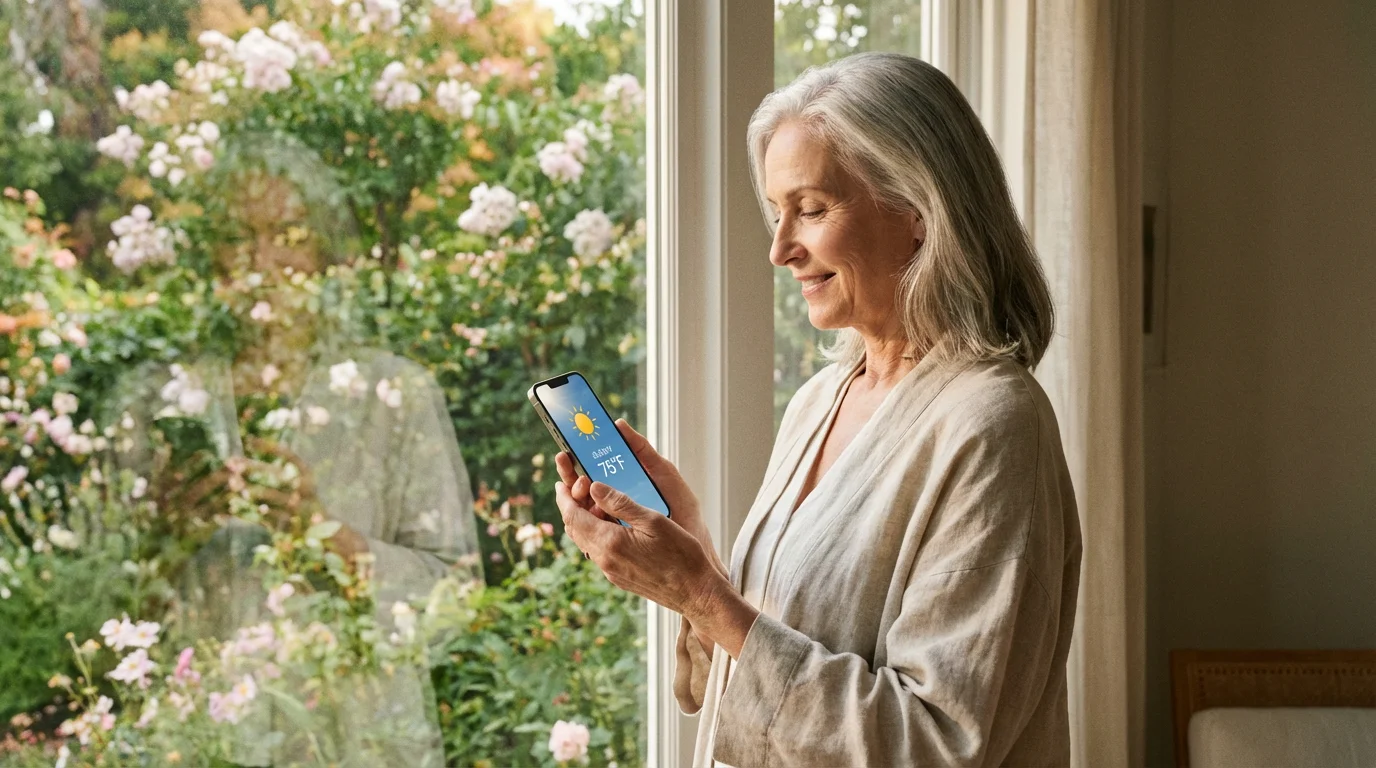 A woman checking the weather forecast on her phone by a window.