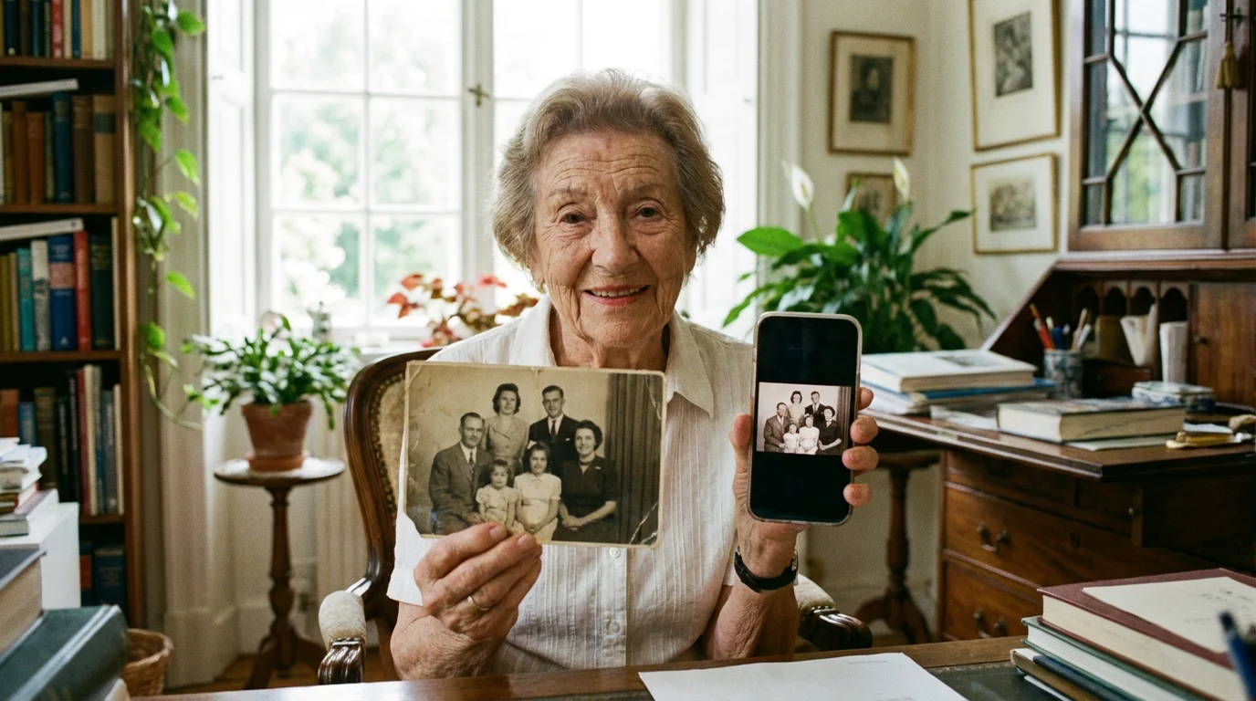 A woman comparing a physical printed photo with a digital version on her smartphone.