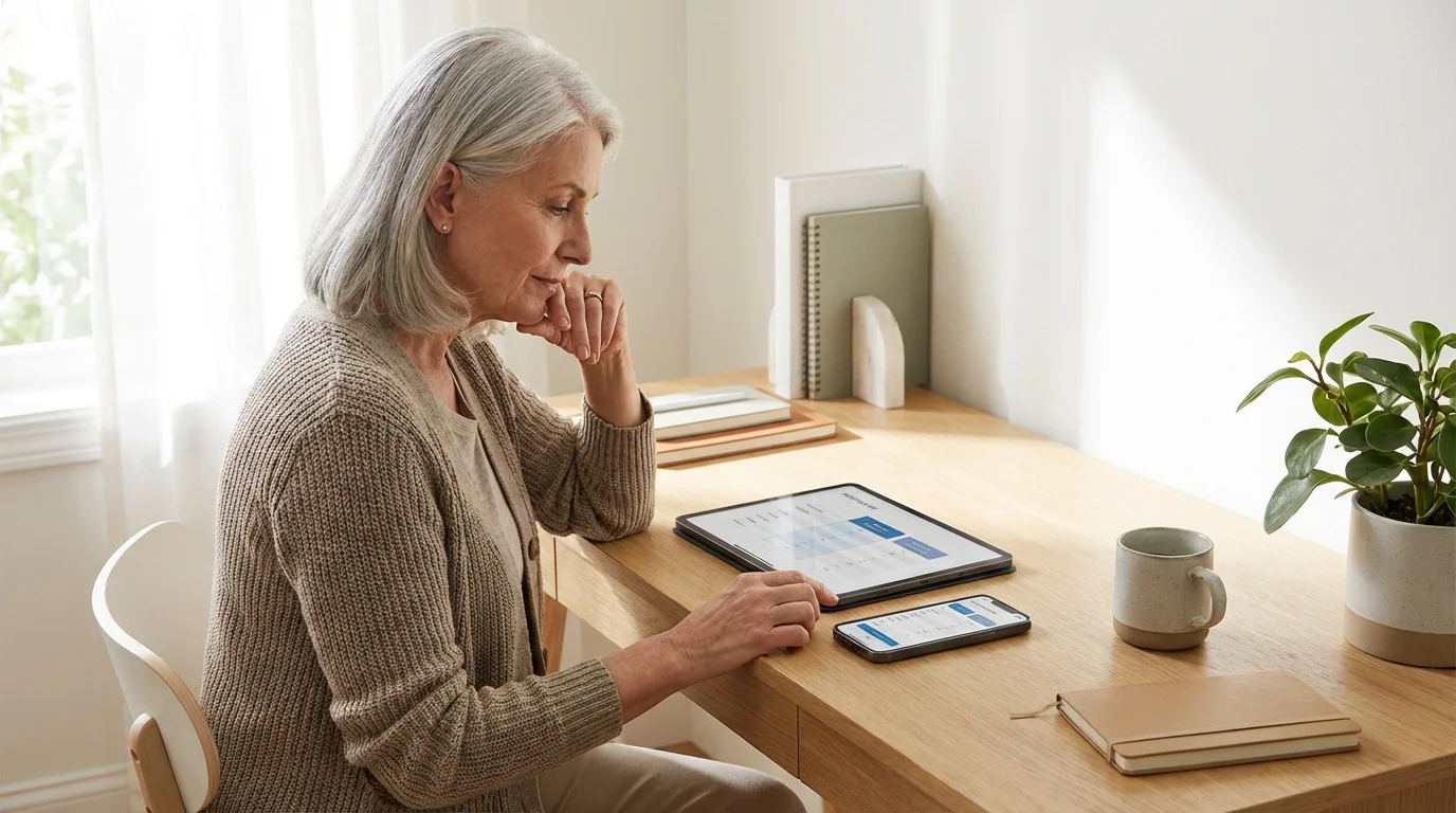 A woman comparing a tablet and a smartphone on her desk.