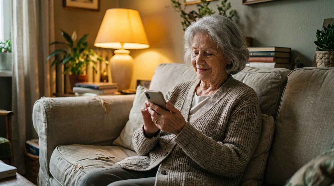 A woman looking at her phone calmly in a comfortable living room.
