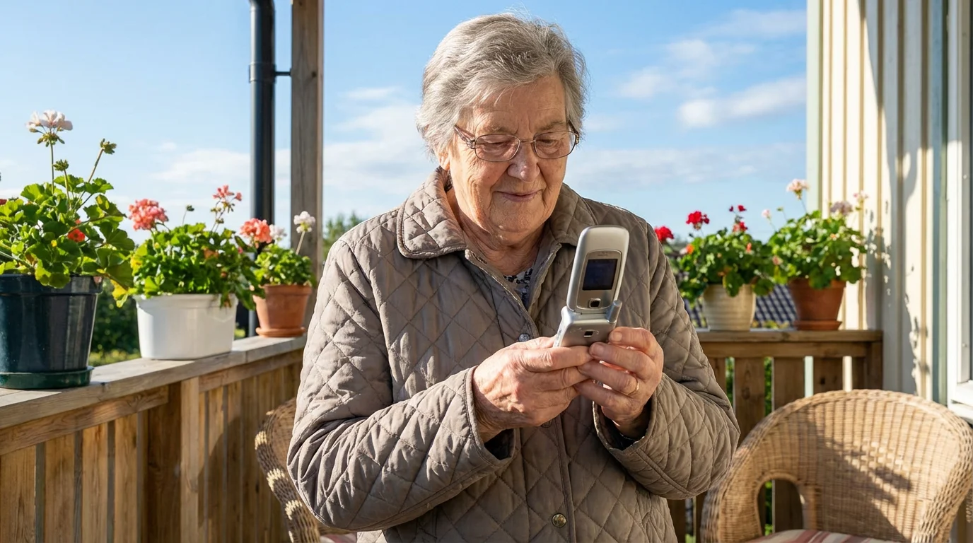 A woman looking at her phone screen outdoors to check for cellular signal.