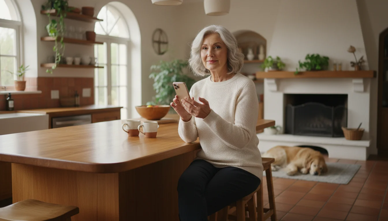 A woman looking relaxed and confident while using her smartphone in a kitchen.
