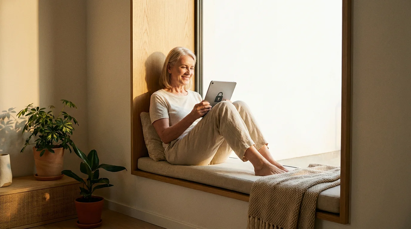 A woman looking relaxed while using her tablet near a window.