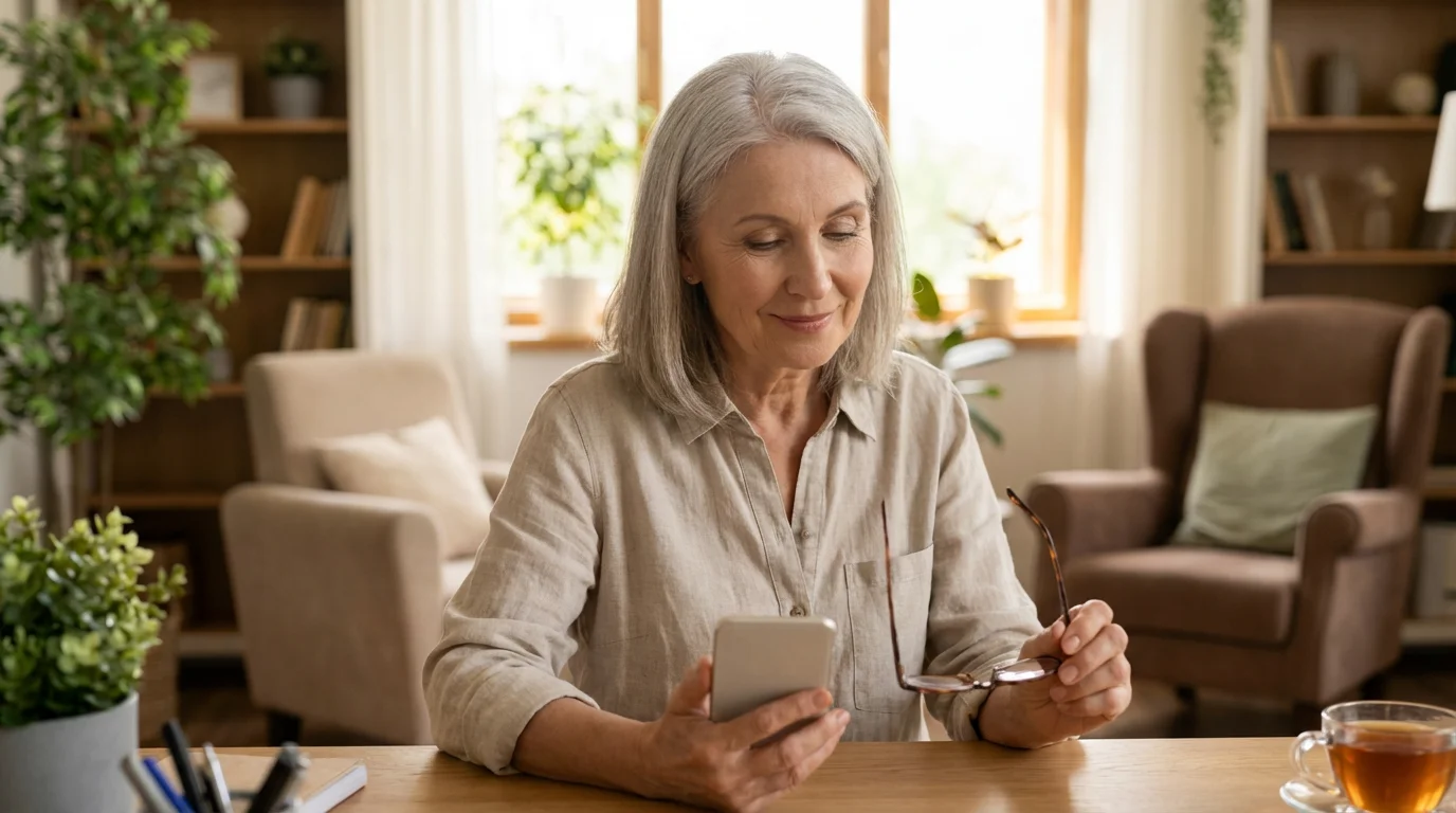 A woman looking thoughtfully at her phone in a bright room.