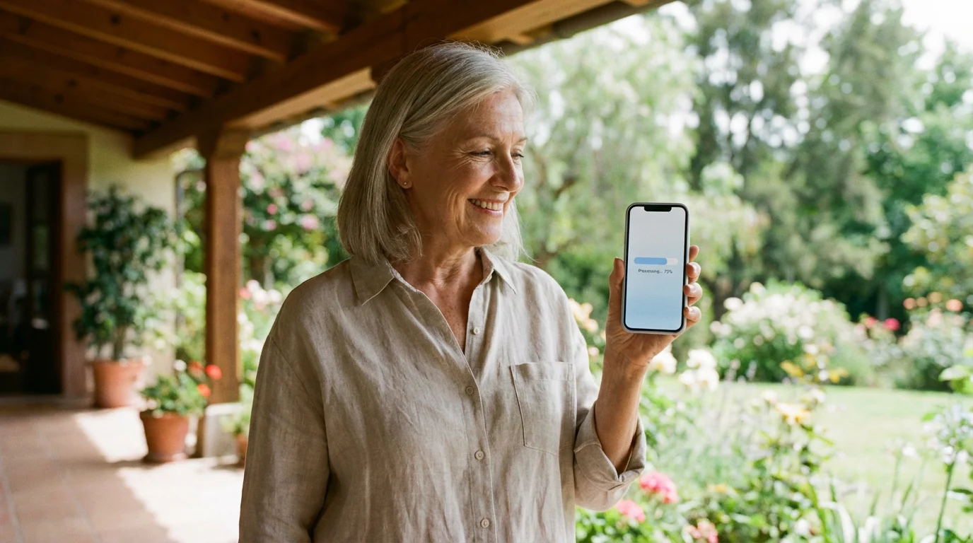 A woman on a patio holding a phone that is sending a large file.