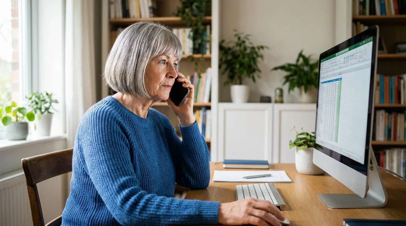 A woman on the phone while looking at her computer in a home office.