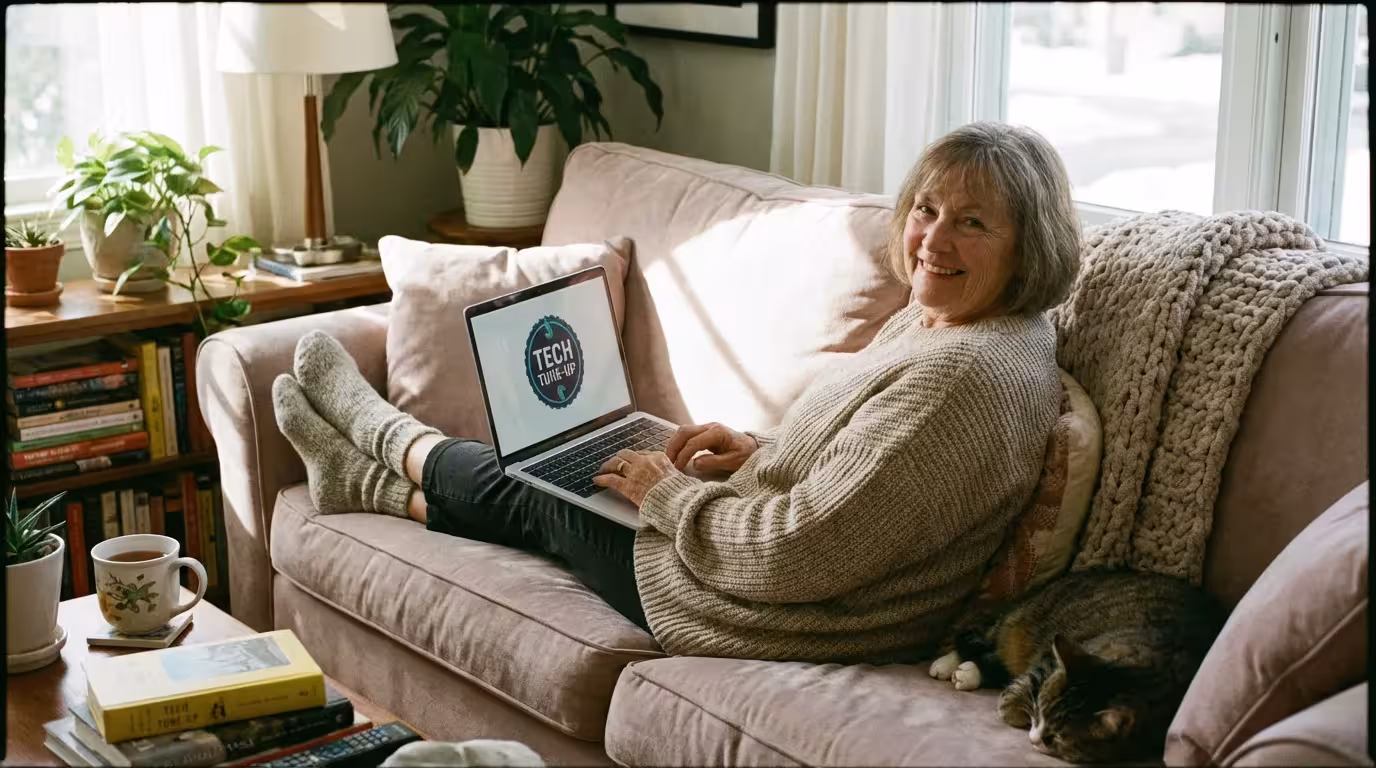 A woman relaxing on a sofa with her laptop, showing technology as part of a comfortable lifestyle.