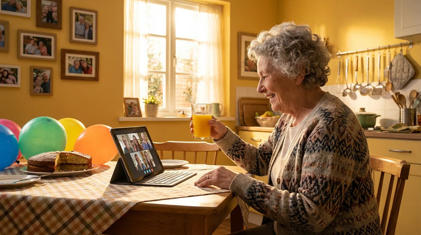 A woman toasting her tablet screen with a glass of juice.