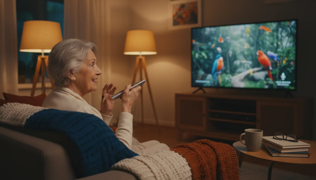 A woman using the voice control feature on her TV remote in a cozy, warm living room.