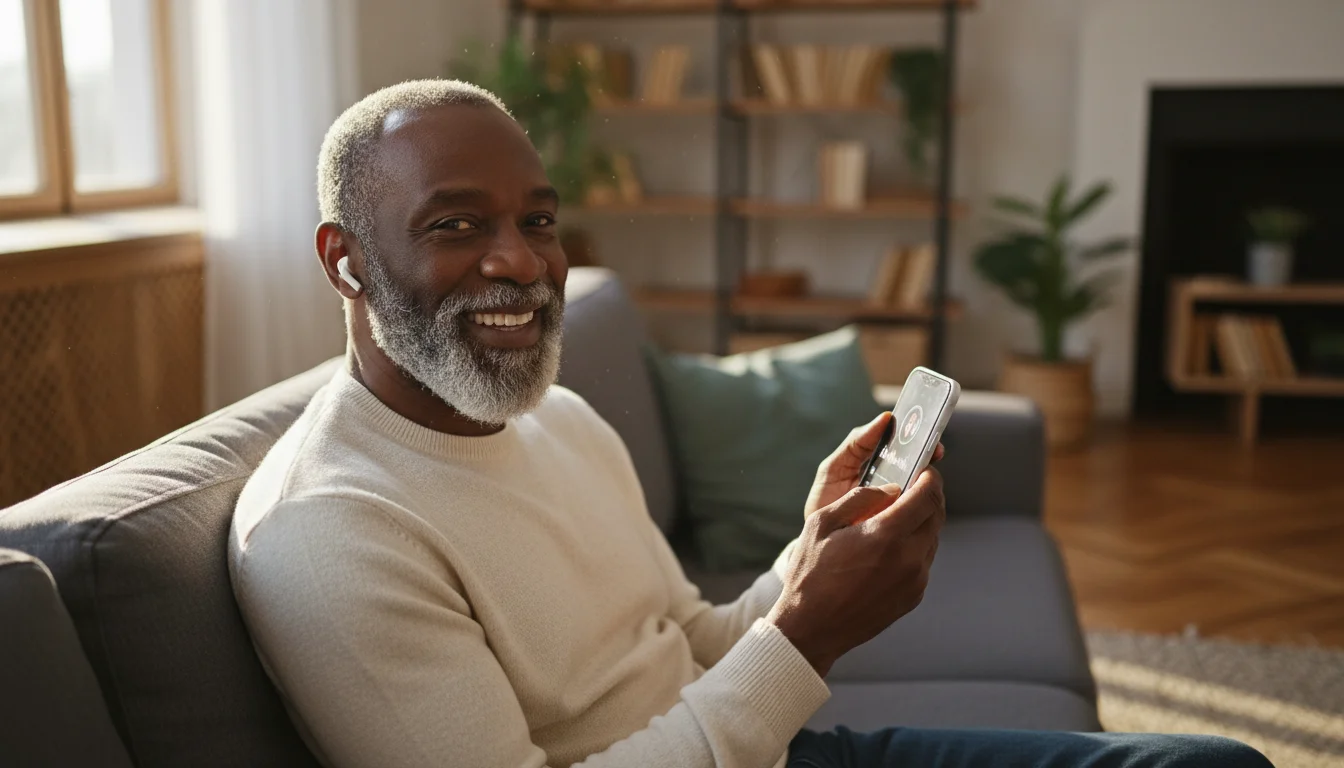 An African American senior man, 60s, smiles warmly while listening to a podcast on a generic smartphone with wireless earbuds in a sunlit living room.