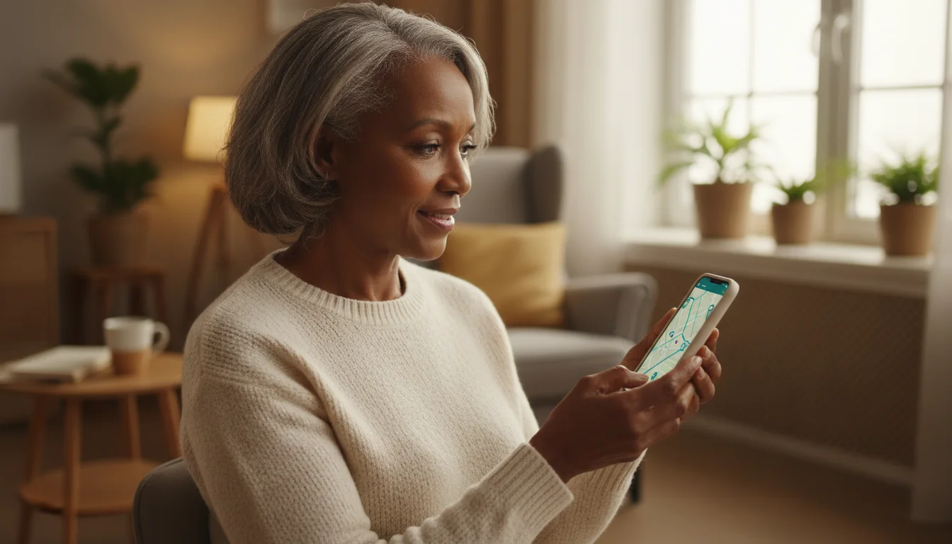 An African American senior woman confidently examining a map application on her smartphone in a warmly lit home.